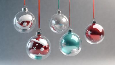 The primary subject of the image is a collection of Christmas ornaments, including red and white balls, blue and white balls, and a Santa ornament. These ornaments are hanging from strings, creating a festive and colorful display. The setting is a white background, which provides a clean and minimalist look to the scene. The visual style is a combination of photo and digital art, as the ornaments are realistic yet have a digital, artistic quality to them. The colors and mood of the image are predominantly